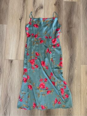 Blue Floral Slip Dress with Pink Blossom Print